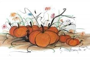 Hangin' In The Pumpkin Patch limited edition print by P Buckley Moss features Fall pumpkins with playful black cats frolicing amongst the pumpkins. Orange pumpkins with greenery and flowers. 
