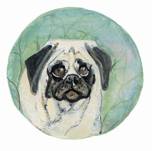 Pug, limited edition print by P Buckley Moss features a pug dog in whites, grays and blacks on a background of greens and tan. 