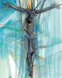 My All is a limited edition print by P Buckley Moss featuring Christ on the cross. Colors are turquoise with a splash of gold and white blank spaces.