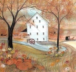 Silver Lake Mill limited edition print by P Buckley Moss features a Virginia Mill in autumn with warm fall colors of orange, yellow, rust and accents of blue and white. Black iconic P B Moss trees.
