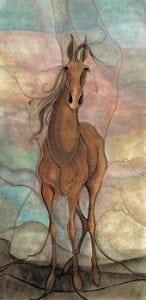 Spirit of Freedom is a giclee limited edition print by P Buckley Moss printed on paper. Colorful pastel background of turquoise lemon yellows and corals. Stately horse ih shades of tans and browns. 