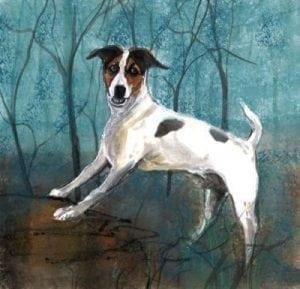 Jack Russel limited edition print by P Buckley Moss features a Jack Russel in white with black and brown on a background of aqua, earth tones and black trees. 