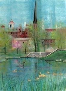 Springtime Spires at Carroll Creek iby P Buckley Moss features the skyline of Frederick, Maryland. Aqua sky with deeper turquoise waters, burgundy buildings with greenery and a splash of rose pink added as Spring breaks out in the area.