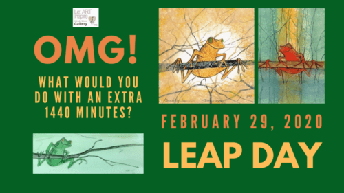 Leap Day graphic featuring the frog images of P Buckley Moss.