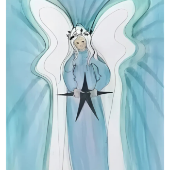 a drawing of an angel in blue holding a star