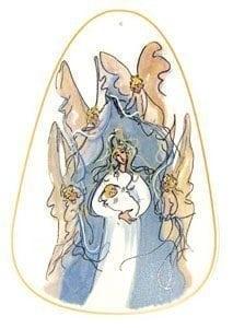 And There Were Angels Porcelain Ornament by P Buckley Moss shares the love that mothers feel as they great their babies and start the journey of raising a child with strong values. Colors are tans, shades of blues with tan and cream in the bakground.