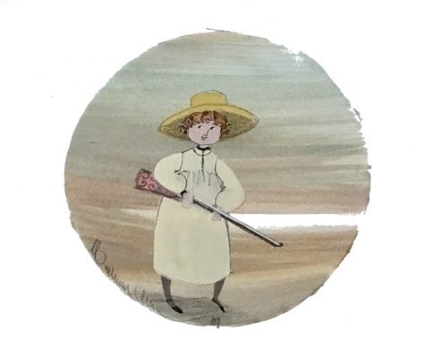 Miniature watercolor by P Buckley Moss featuring a young girl with straw, rifle in hand off to bring back a fowl for dinner. Soft colored background of sky blue and aqua, green and earth tone hues. Cream and white space.