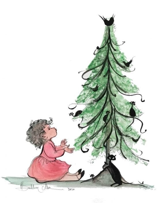 pbuckleymoss-original-watercolor-Christmas-Black-Cat-Child-painting