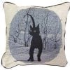 Cinders tapestry pillow with artwork by P Buckley Moss features her ever popular black cat. Pillow image in shades of blue, white and black.