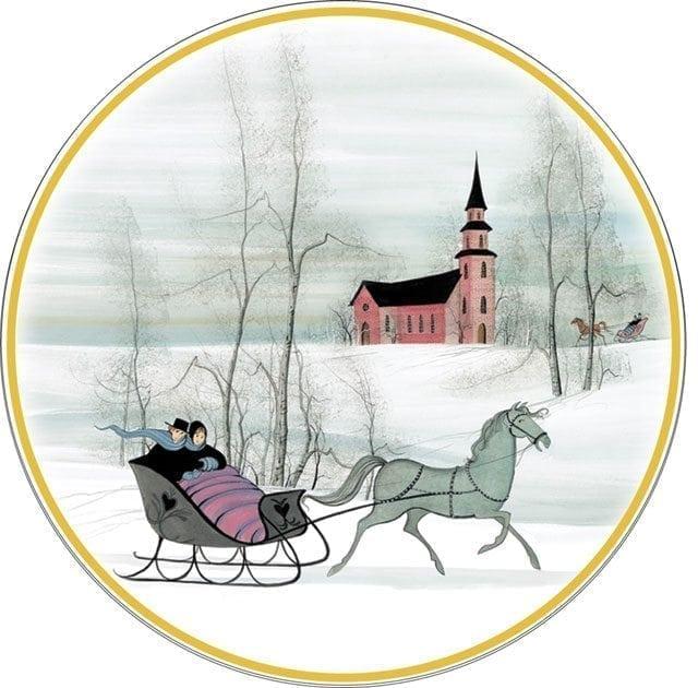 Colonial Winter Porcelain Ornament by P Buckley Moss features a horse drawn sleigh with couple and church in the background. Feeling of Love.