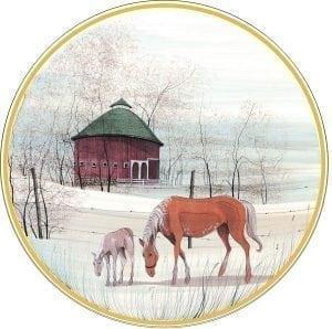 Country Meadow limited edition porcelain ornament is a wafer thin disk fired with an image by P Buckley Moss featuring a horse, colt and round burgundy barn in the background in shades of rusts and cream for the horses and soft blues, greens and white in the background.