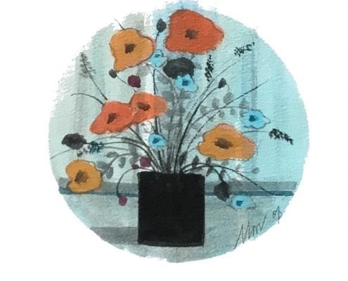 Original watercolor painting by P Buckley Moss. Circular background and stripes of colorful blue with some gray, flowers are shades of tans and muted orange with sprigs of accent flowers in the same pot.