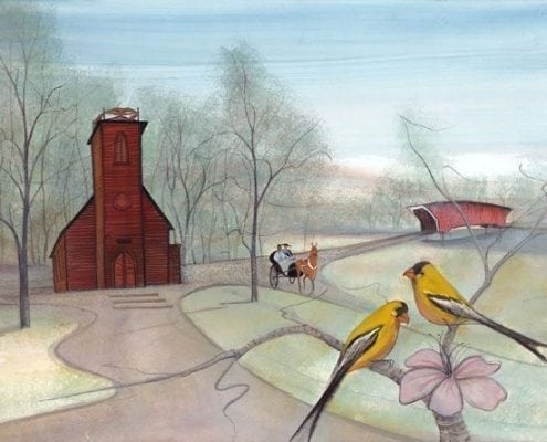 For the Love of Iowa limited edition print by P Buckely Moss features the Little Brown Church in Nashua, Iowa, Madison County Bridge, Iowa State Bird, the goldfinch and the Prairie Rose which is the Iowa state flower. Colors of earth tones, blue and green with bright yellow in the birds and the palest of links in the fower. Light red for the bridge ane brown for the branches.