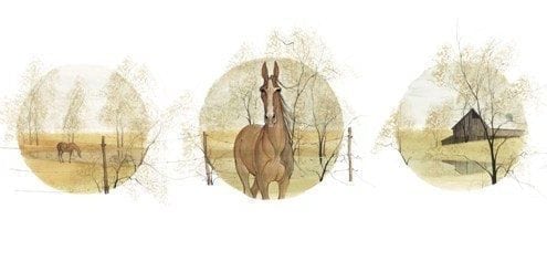 Free Spirit limited edition print by P Buckley Moss features some of the artist's favorite things; horses and the wide open spaces of a landscape. Earth tone colors mixed with a rich golden hue paired with soft gray contrast for the barn.