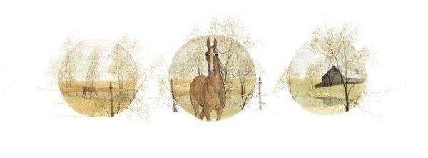 Free Spirit limited edition print by P Buckley Moss features some of the artist's favorite things; horses and the wide open spaces of a landscape. Earth tone colors mixed with a rich golden hue paired with soft gray contrast for the barn.