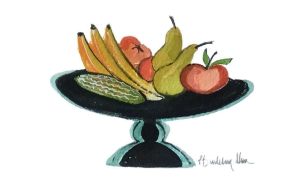 Fruit Still Life Original Watercolor Painting by P Buckley Moss available at Canada Goose Gallery in Waynesville, Ohio. Out of the ordinary subject matter for Pat Moss in colors of black and turquoise for the stand and muted colors of yellow, tan, mauve, reds and green for the fruti.