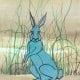 Original watercolor painting by P Buckley Moss of a thoughtful turquoise blue bunny rabbit as he sits in the cover of some reeds and natural shelter.