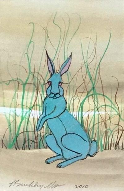 Original watercolor painting by P Buckley Moss of a thoughtful turquoise blue bunny rabbit as he sits in the cover of some reeds and natural shelter.