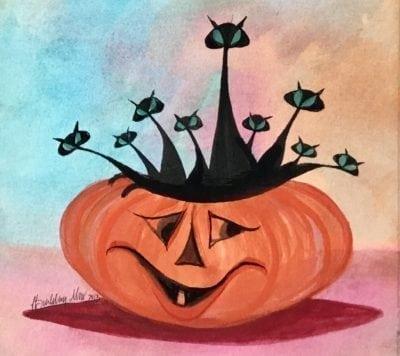 Nine Tricksters Original Watercolor Painting by P Buckley Moss CanadaGooseGallery-Waynesville-Ohio-Painting-pbuckleymoss-Original-Watercolor-Pumpkin-Black-Cat