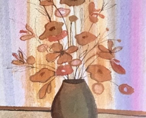 Original watercolor painting by P Buckley Moss features a gray pot with tan and rust colored flowers and a background of colorful stripes for a wall setting. Shades of light Yellows, pale pink and blue set this floral arrangement aglow.