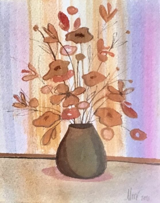 Original watercolor painting by P Buckley Moss features a gray pot with tan and rust colored flowers and a background of colorful stripes for a wall setting. Shades of light Yellows, pale pink and blue set this floral arrangement aglow.