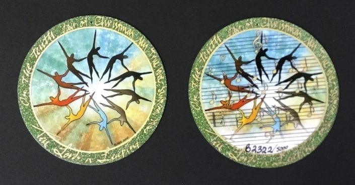 Twelve Days of Christmas Numbered, Limited edition, Porcelain ornament. Artist P Buckley Moss, Canada Goose Gallery Waynesville Ohio. Decorate tree, display on tiny easel or frame pbuckleymoss-ornament-limitededition-Porcelain-gifts-10 days-christmas