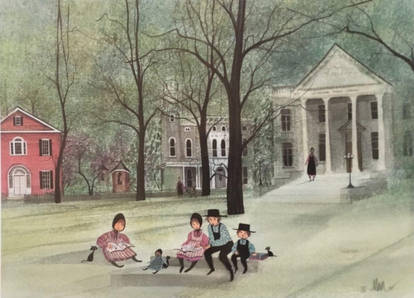 The Old Library rare, limited edition print by P Buckley Moss original library in Lexington, Ky opened in 1905, as Carnegie Library and its building is used today Carnegie Center for Literacy and Learning. Colors of cream and white with green, rose and black for the iconis tree by Moss.