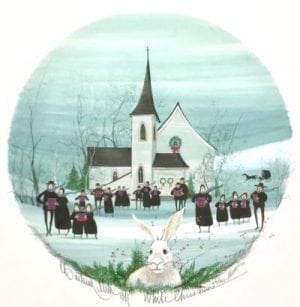 White Christmas by P Buckley Moss features a Winter church and caroling scene as people celebrate Christmas. However, Pat has added a Bunny in the foreground as it represents the year that she didn't finish her children's artwork until Easter.