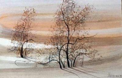 Original watercolor painting of Trees With Coral in Background Original Watercolor Painting by P Buckley Moss.