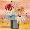 BoHo style original watercolor painting by P Buckley Moss. Peach and tangerine background for a gray-black pot and colorful flowers or a couple of different varieties.