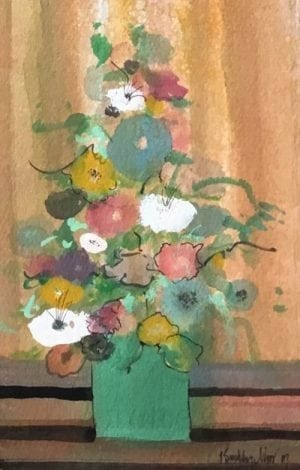 Original watercolor painting by P Buckley Moss featuring a lovely green square pot and a variety of different colored flowers i the arrangement. Background sets off the flowers with a combination of golds, tans and rusts.