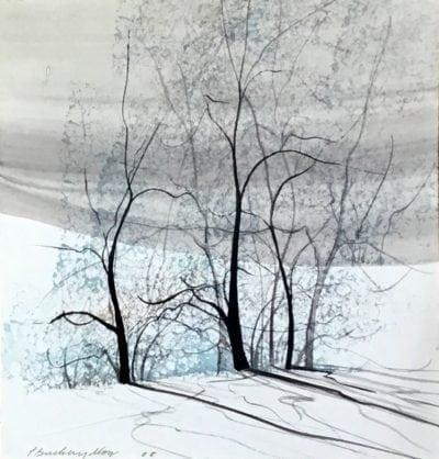 Landscape in blue and gray Original Watercolor Painting by P Buckley Moss Original-Watercolor-Painting-PBuckleyMoss-Art-CanadaGooseGallery-WaynesvilleOhio