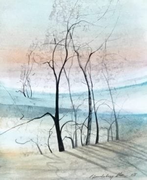 Original Watercolor painting by P Buckley Moss of landscape featuring colors of light and darker aqua, earth tones, peach and pink for the sky and white spaces throughout. Bold Black Moss Trees.