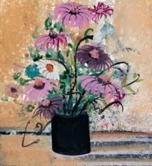 Original watercolor painting by P Buckley Moss featuring a large bouquet of flowers in different colors in a black pot. Colorful background in shades of tangerine with stripes of medium gray and light gray to the side of the pot.