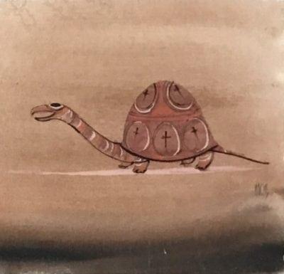 Turtle Original Watercolor Painting by P Buckley Moss available only at Canada Goose Gallery in Waynesville Ohio. Turtle facing left in shades of rust and cream with accents of earth colors, blacks and browns in the background and foreground.