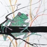 Original watercolor painting by P Buckley Moss of green frog with muted pink spots and bulging soft pink eyes. Frog on a branch tree colorful branches for background.