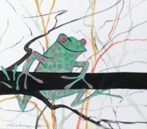 Original watercolor painting by P Buckley Moss of green frog with muted pink spots and bulging soft pink eyes. Frog on a branch tree colorful branches for background.