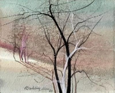 Original watercolor Painting by P Buckley Moss features her iconic bare trees in a setting of peach, pink, mauve and aqua with white spaces through landscape. Black and white trees.