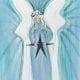 Original watercolor painting by P Buckley Moss features an angel holding a black star. Soft tones of blue and aqua in the background and garment of the angel with broad white negative spaces for wings. Accents of black create interest throughout the image with bold black for the star the angel is holding. 