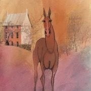 Original watercolor painting by P Buckley Moss. Colorful background of soft mauve, coral and golden hues. House in the background with full body of rust colored horse in the foreground.