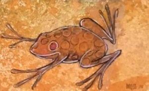 Tiny miniature original watercolor of rust color frog by P Buckley Moss