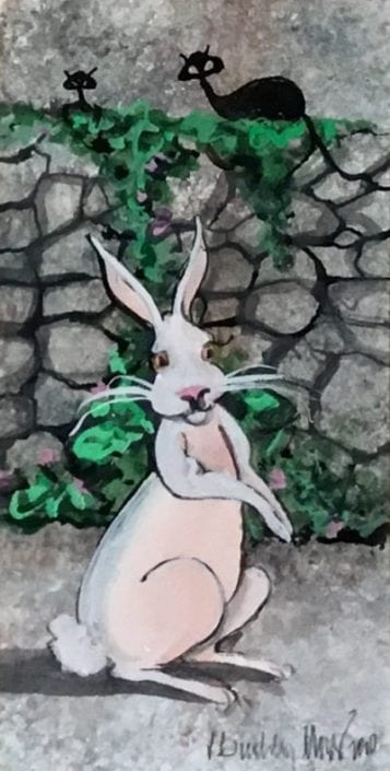 Original watercolor painting by P Buckley Moss of large gray and pink bunny in front of a stone wall with green vines and a couple of curious black cats on top of the wall.