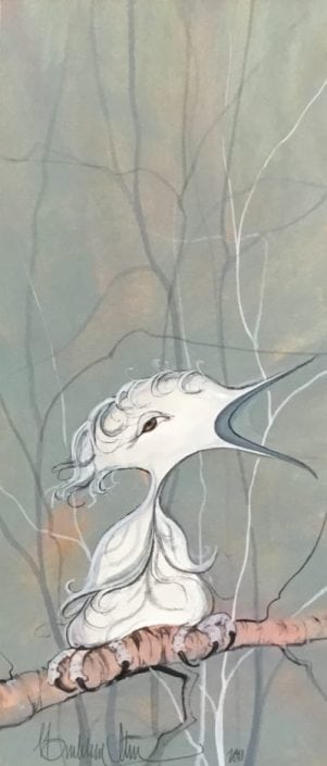 White Fledgling with Green Background Original Watercolor Painting by P Buckley Moss pbuckleymoss-Original-Watercolor-bird