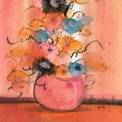 Original watercolor painting by P Buckley Moss sold exclusively at Canada Goose Gallery in Waynesville, Ohio featuring a potted flower arrangement with burgundy, Yellow, cream and rose flowers on a background of rosy pink, splash of rust, gold and turquoise.