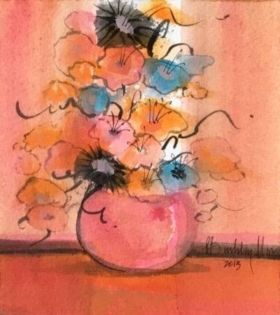 Original watercolor painting by P Buckley Moss sold exclusively at Canada Goose Gallery in Waynesville, Ohio featuring a potted flower arrangement with burgundy, Yellow, cream and rose flowers on a background of rosy pink, splash of rust, gold and turquoise.