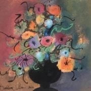 Colorful floral Original watercolor painting by P Buckley Moss. Painted by Pat's own hand. One-Of-A-Kind art piece. Mint condition. Colors of mauve, greens, tangerine, blue, black and rose.