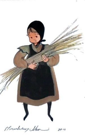 Original Watercolor painting by P Buckley Moss featuring a small girl holding a shaft of wheat in a mauve colored dress with black apron.