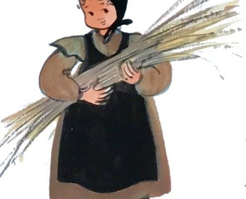 Original Watercolor painting by P Buckley Moss featuring a small girl holding a shaft of wheat in a mauve colored dress with black apron.