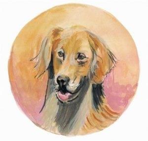Golden Retriever from the dog collection by P Buckley Moss captures her love of painting realistic dogs and animals by the artist. Colors of tan, rust, gray and rose.