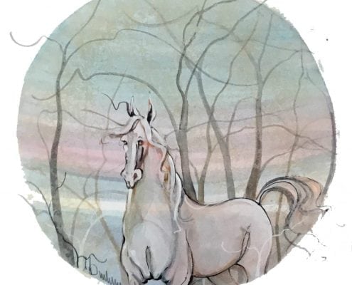 Original watercolor painting of horse by American artist P Buckley Moss. Hard to find miniature original art. This art piece available only at Canada Goose Gallery in Waynesville, Ohio. Colors of soft gray, blues, aqua, blush pink with medium gray in the branches.